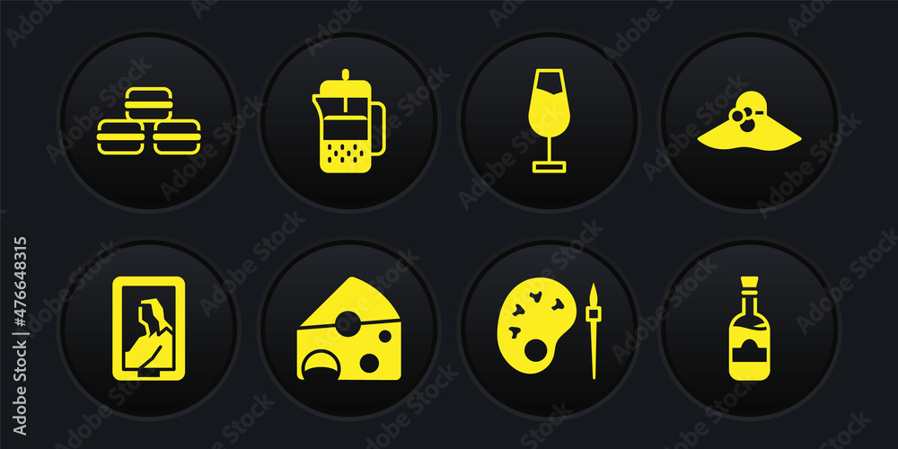 Set Portrait in museum, Elegant women hat, Cheese, Paint brush with palette, Wine glass, French press, Bottles of wine and Macaron cookie icon. Vector