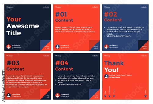 Microblog carousel slides template for instagram. Six pages with blue and red folding page theme.