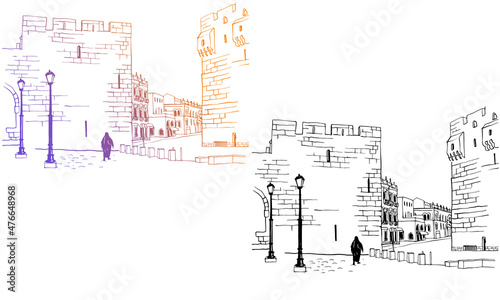 Old street of Jerusalem, colourful vector illustration in hand drawn style. Ancient walls. Jerusalem, Israel. Urban landscape sketch. Line art. Ink drawing on white.