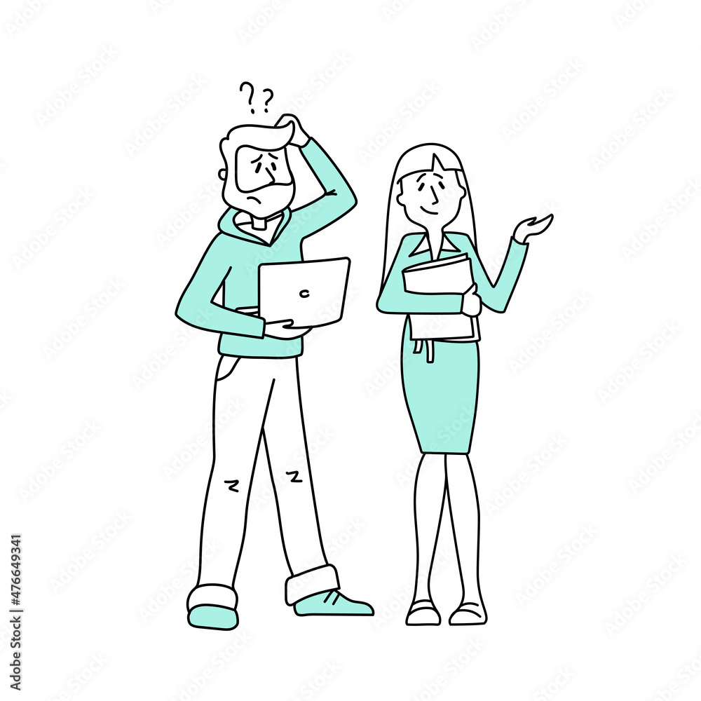 People in the office_ man with laptop and woman with documents in office do not know what to do with question mark in line style