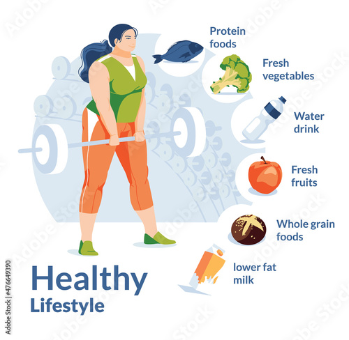 Plus size active fitnes woman do exercises in gym club. Healthy sport food benefits infographic. Isolated on white background. Flat vector illustration