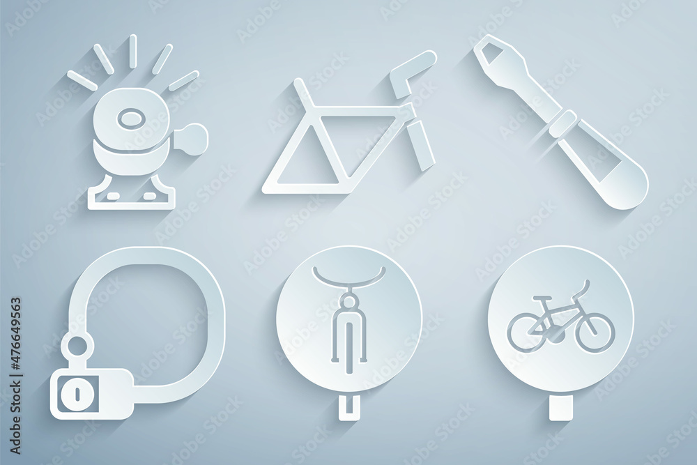Set Bicycle, Screwdriver, lock, frame and bell icon. Vector Set Bicycle, Screwdriver, lock, frame and bell icon. Vector