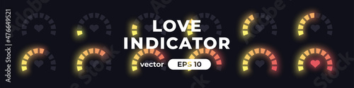 Love meter. Loading indicator. Percentage circle. Love gauge concept with red heart. Satisfaction indicator. UI, User interface. Minimalistic 3d template. Realistic modern design. Vector illustration.