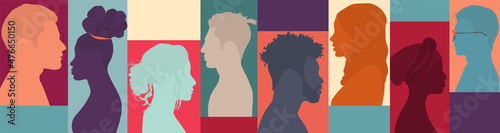 Diversity multiethnic people. Group side silhouette men and women of different culture and countries. Coexistence harmony and multicultural community integration. Racial equality. Banner
