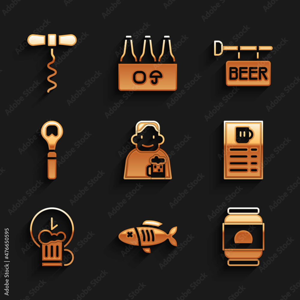 Set Happy man with beer, Dried fish, Beer can, menu, hour, Bottle opener, Street signboard and Wine corkscrew icon. Vector Set Happy man with beer, Dried fish, Beer can, menu, hour, Bottle opener, Street signboard and Wine corkscrew icon. Vector