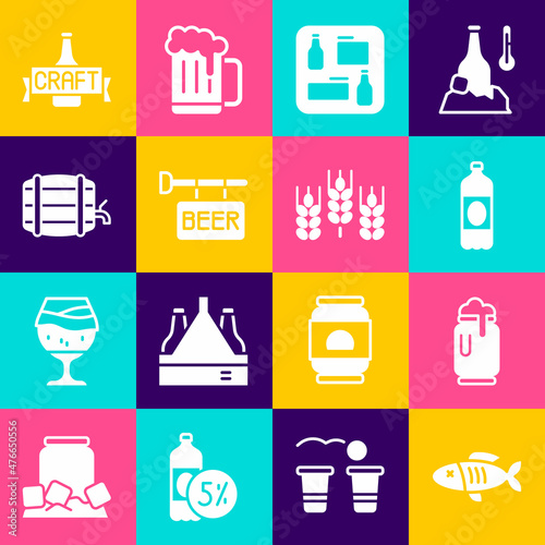 Set Dried fish, Beer can with foam, Plastic beer bottle, menu, Street signboard, Wooden barrel on rack, and Wheat icon. Vector