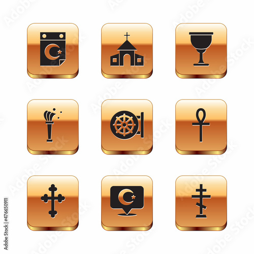 Set Star and crescent, Christian cross, Dharma wheel, Aspergillum, Holy grail or chalice, and Church building icon. Vector