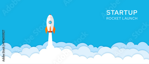 Rocket ship launch Startup background illustration vector. Concept of business product on market, startup, growth, creative idea.
