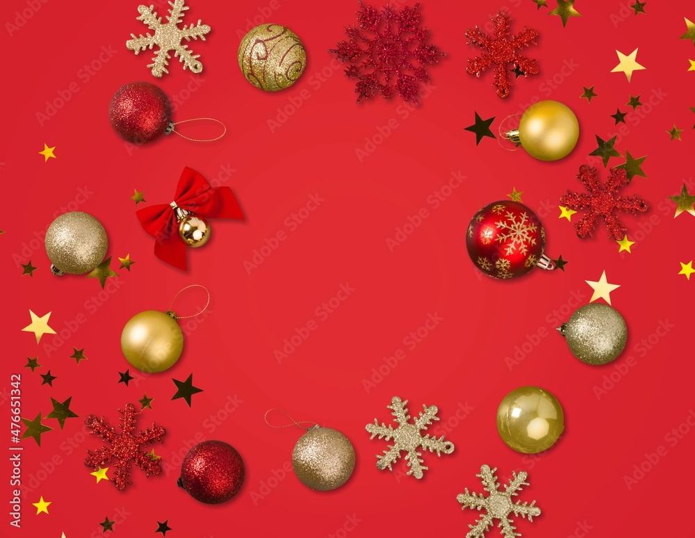 Christmas ball, snowflake decorations on background. Xmas abstract border composition for the holiday Christmas ball, snowflake decorations on background. Xmas abstract border composition for the holiday