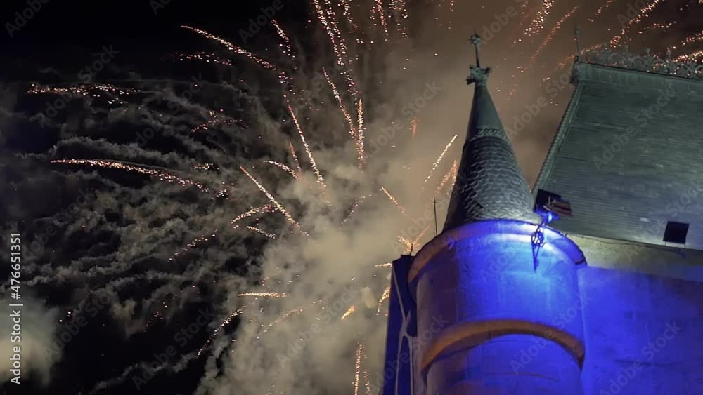 Slow motion of fireworks for the celebration of news year at a castle