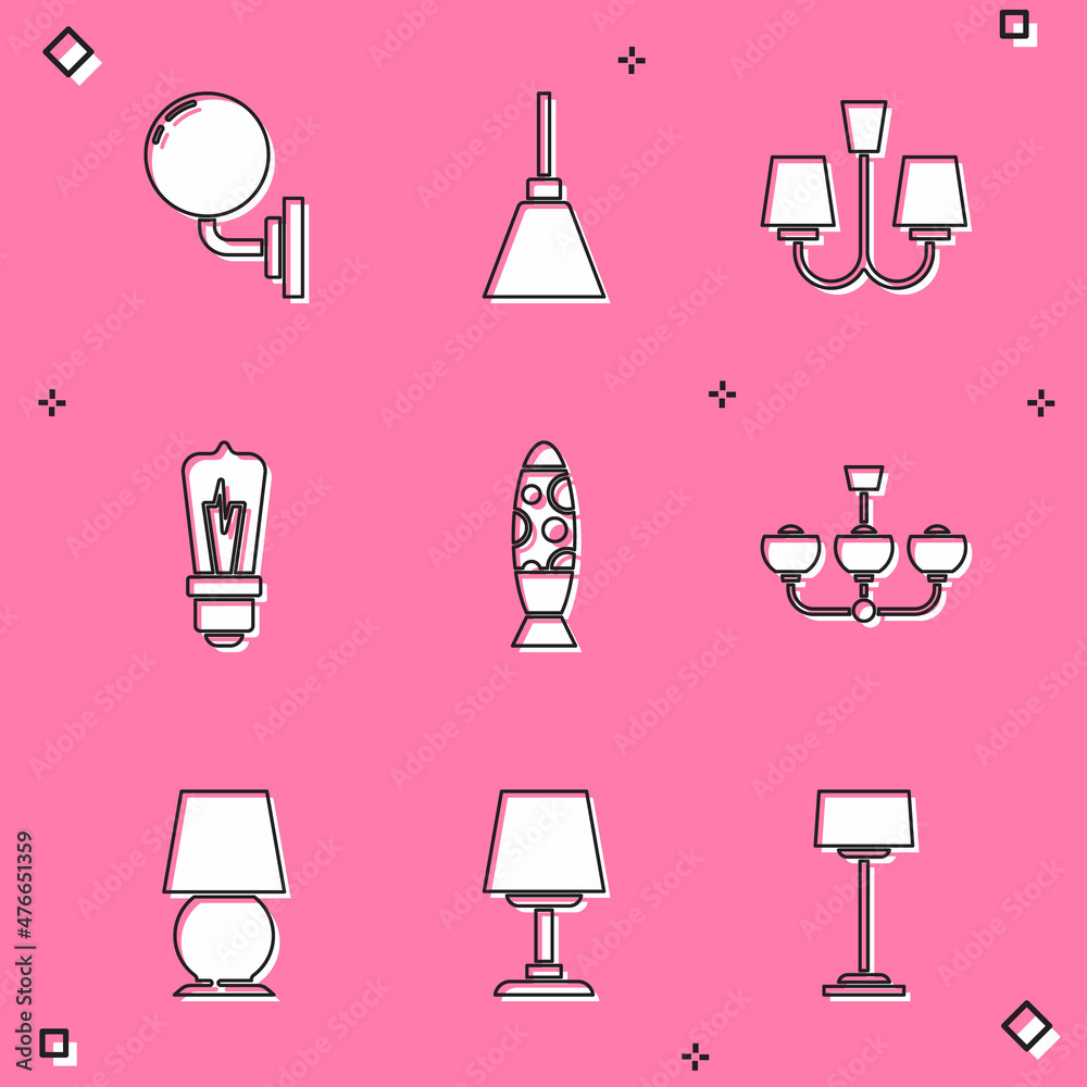 Set Wall lamp or sconce, Chandelier, Light bulb, Floor, Table and icon. Vector Set Wall lamp or sconce, Chandelier, Light bulb, Floor, Table and icon. Vector