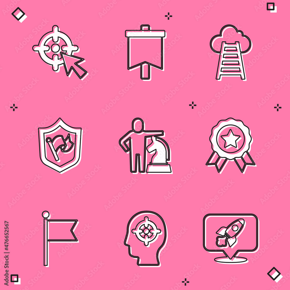 Set Target, Flag, Stair with finish flag, Shield, Chess, Medal, and Head hunting icon. Vector Set Target, Flag, Stair with finish flag, Shield, Chess, Medal, and Head hunting icon. Vector