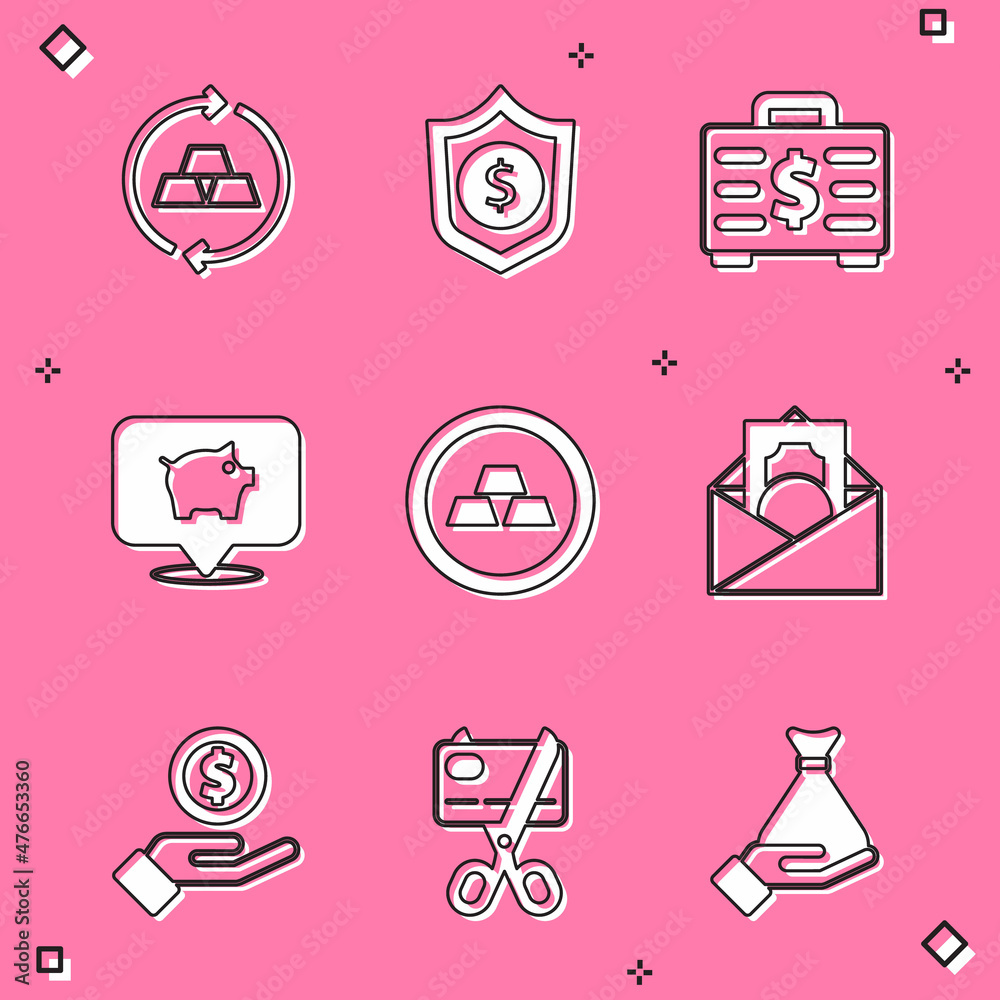 Set Gold bars, Shield with dollar, Briefcase and money, Piggy bank, Envelope symbol, Hand giving and Scissors cutting credit card icon. Vector Set Gold bars, Shield with dollar, Briefcase and money, Piggy bank, Envelope symbol, Hand giving and Scissors cutting credit card icon. Vector