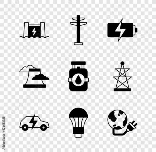 Set Hydroelectric dam, Electric tower, Battery, car, LED light bulb, Global energy power planet, Nuclear plant and Propane gas tank icon. Vector
