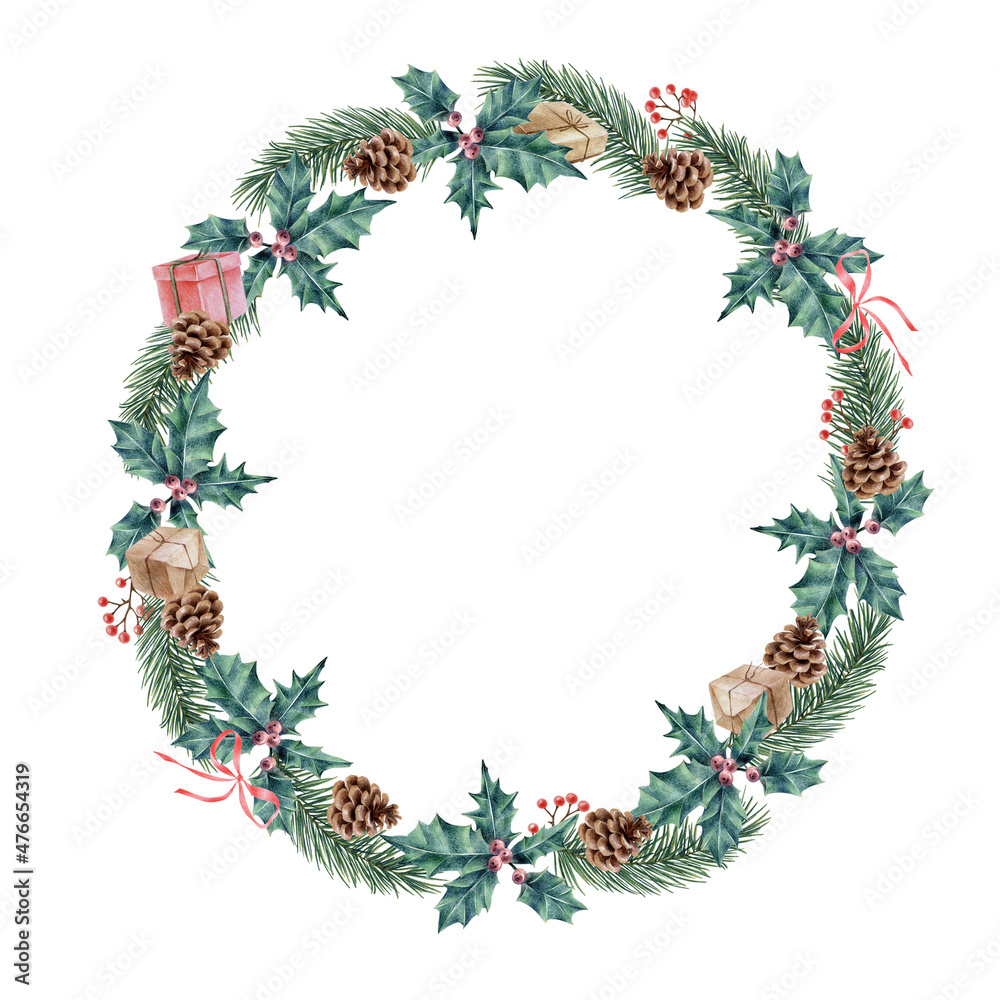 Illustration of a coniferous wreath hand-drawn with colored pencils, depicting branches, berries, cones, plants, gifts. Christmas illustration. New Year's composition. Winter theme.