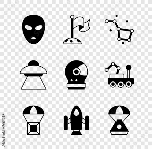Set Alien, Moon with flag, Great Bear constellation, Box flying parachute, Rocket ship, Space capsule, UFO spaceship and Astronaut helmet icon. Vector