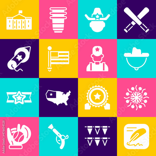 Set Declaration of independence, Firework, Western cowboy hat, Sheriff, American flag, United States Capitol Congress and icon. Vector