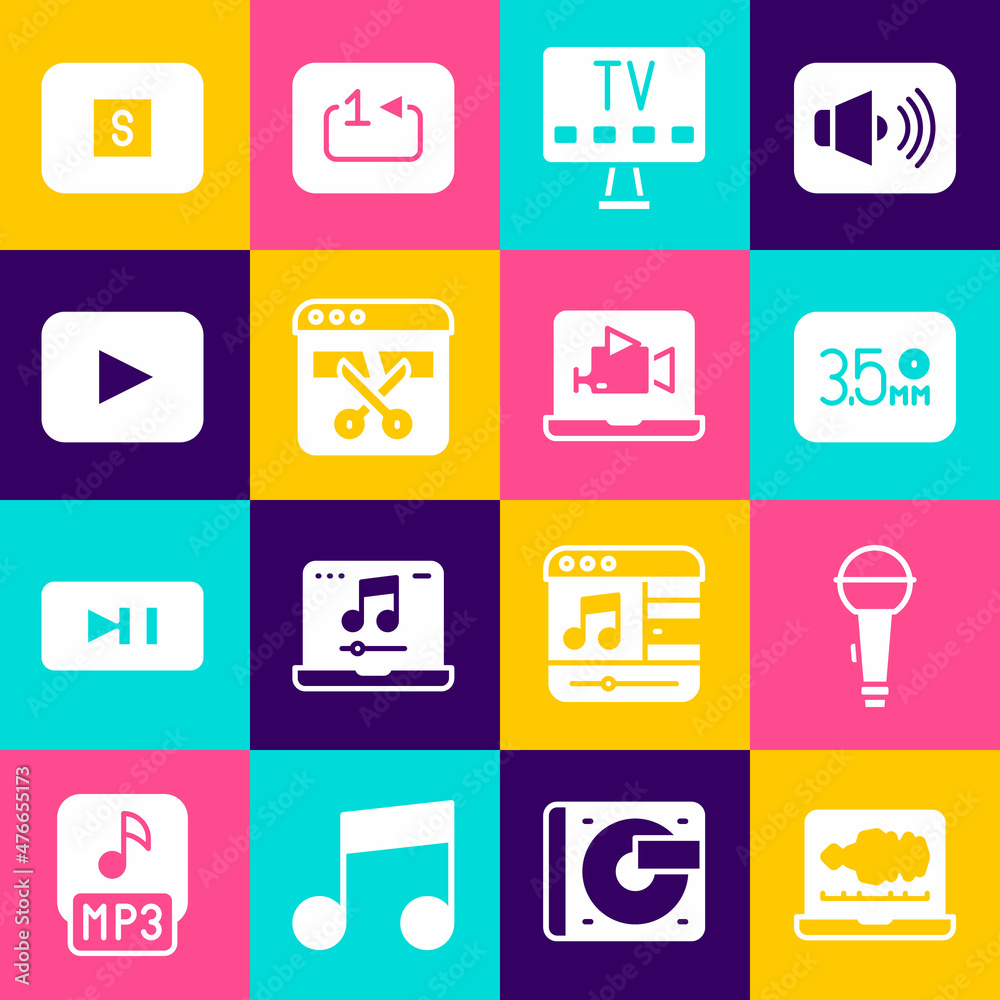 Set Sound or audio recorder, Microphone, Audio jack, Smart Tv, Video editor, Play button, Stop media and Online play video icon. Vector Set Sound or audio recorder, Microphone, Audio jack, Smart Tv, Video editor, Play button, Stop media and Online play video icon. Vector