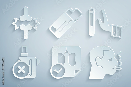 Set Lungs x-ray diagnostics, Giving up cigarette, No electronic, Man smoking, Lighter and Joint pain, knee pain icon. Vector