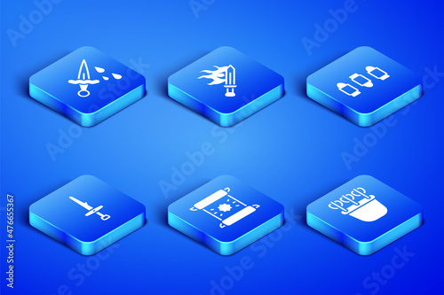 Set Quiver with arrows, Sword blood, Decree, parchment, scroll, Dagger, for game and Bullet icon. Vector