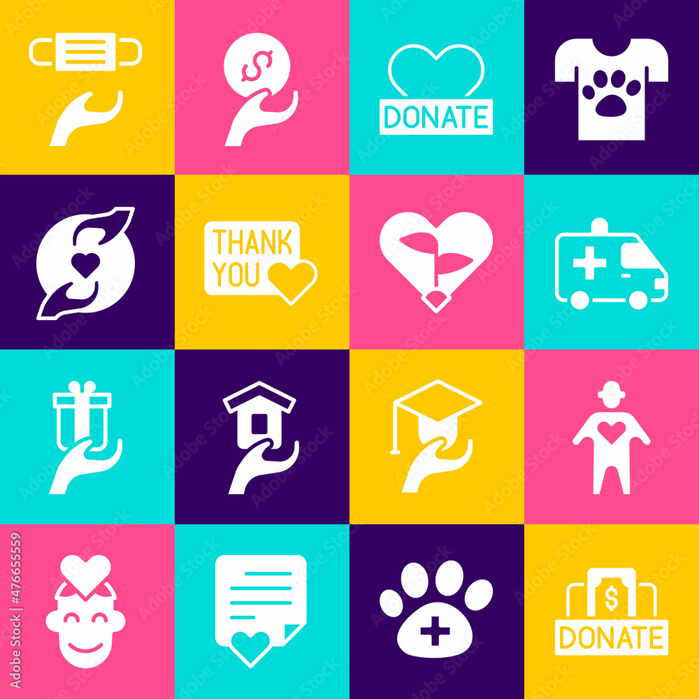 Set Donation and charity, Volunteer, Ambulance car, Thank you with heart, Pleasant relationship, Medical protective mask and Leaf in icon. Vector Set Donation and charity, Volunteer, Ambulance car, Thank you with heart, Pleasant relationship, Medical protective mask and Leaf in icon. Vector