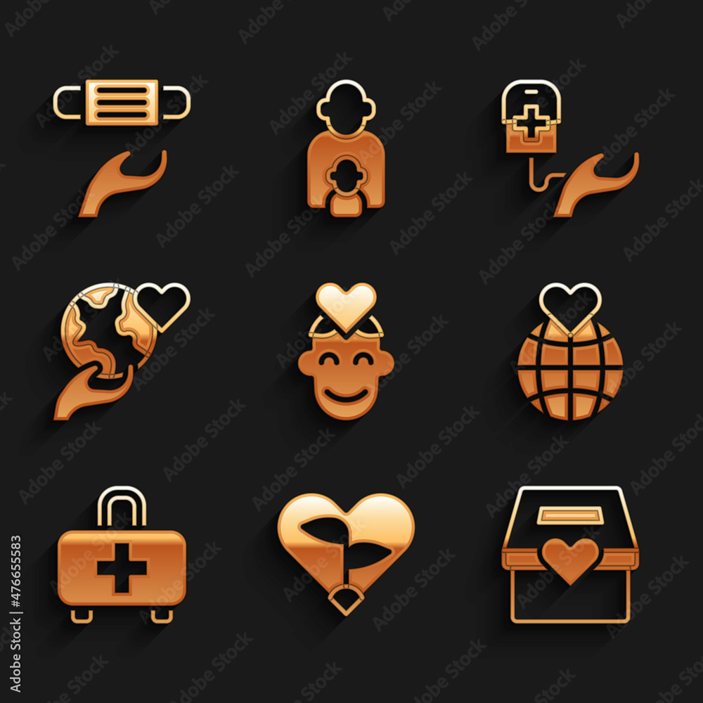 Set Volunteer, Leaf in heart, Donation and charity, Hand holding Earth globe, First aid kit, Blood donation and Medical protective mask icon. Vector