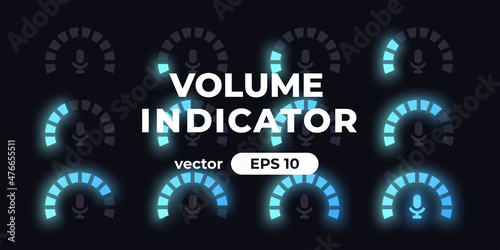 Sound meter. Volume level indicator. Loading circle with percentage. Gauge concept with microphone icon. Animation. UI, User interface. Minimalistic template. Modern design. Vector illustration.