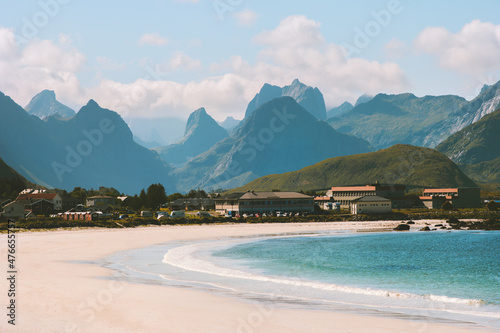 Lofoten islands in Norway Ramberg beach and mountains landscape travel destinations scenery famous places scandinavian nature