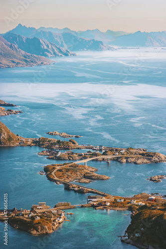 Aerial view Lofoten islands in Norway landscape road in sea travel drone scenery famous place scandinavian nature