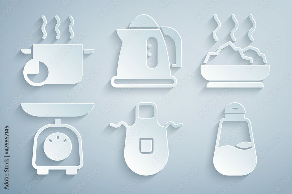 Set Kitchen apron, Bowl of hot soup, Scales, Salt, Electric kettle and Cooking pot icon. Vector Set Kitchen apron, Bowl of hot soup, Scales, Salt, Electric kettle and Cooking pot icon. Vector