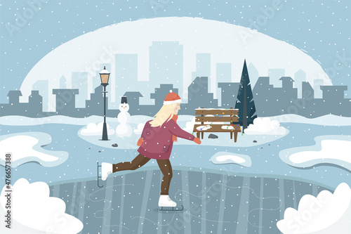 A young woman is ice skating on the rink in the park. Concept vector illustration in a flat style.