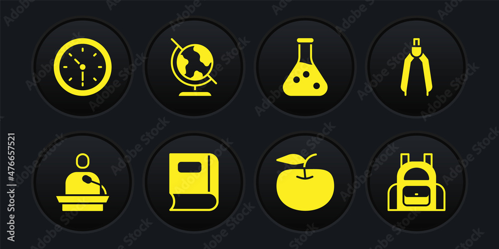 Set Gives lecture, Drawing compass, Book, Apple, Test tube, Earth globe, School backpack and Clock icon. Vector Set Gives lecture, Drawing compass, Book, Apple, Test tube, Earth globe, School backpack and Clock icon. Vector