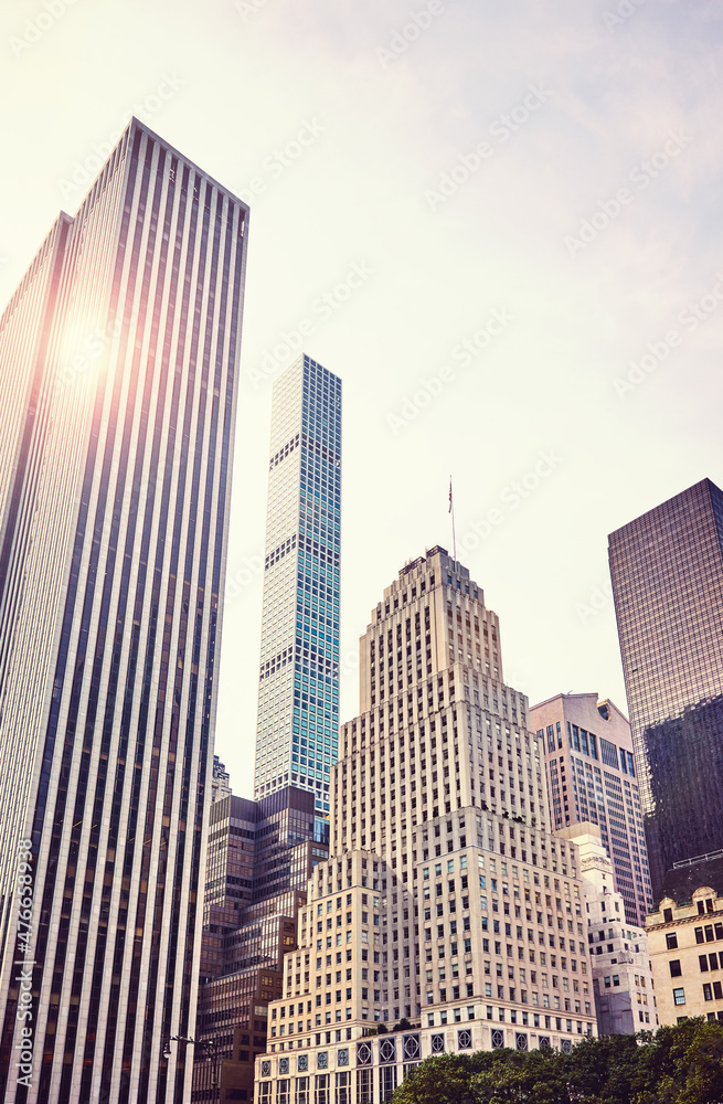 New York City diverse modern architecture, color toned picture, USA.