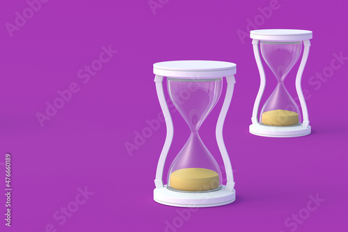 Sandglass on purple background. Vintage items. Countdown time. Historical dimension. Deadline measurement. Copy space. 3d render
