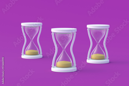 Sandglass on purple background. Vintage items. Countdown time. Historical dimension. Deadline measurement. 3d render