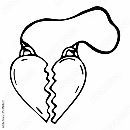 Two halves of the heart . Vector doodle illustration of two halves of a heart keychain. valentine's Day icon.