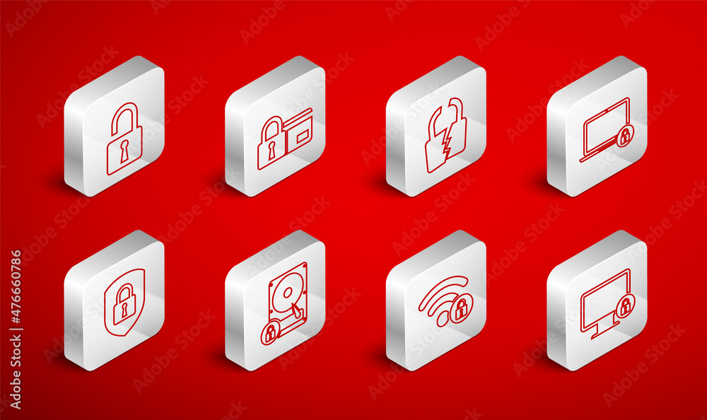 Set line Lock on monitor, Credit card with lock, Broken cracked, Laptop and, Wifi locked, Open padlock, Hard disk drive and Shield security icon. Vector Set line Lock on monitor, Credit card with lock, Broken cracked, Laptop and, Wifi locked, Open padlock, Hard disk drive and Shield security icon. Vector