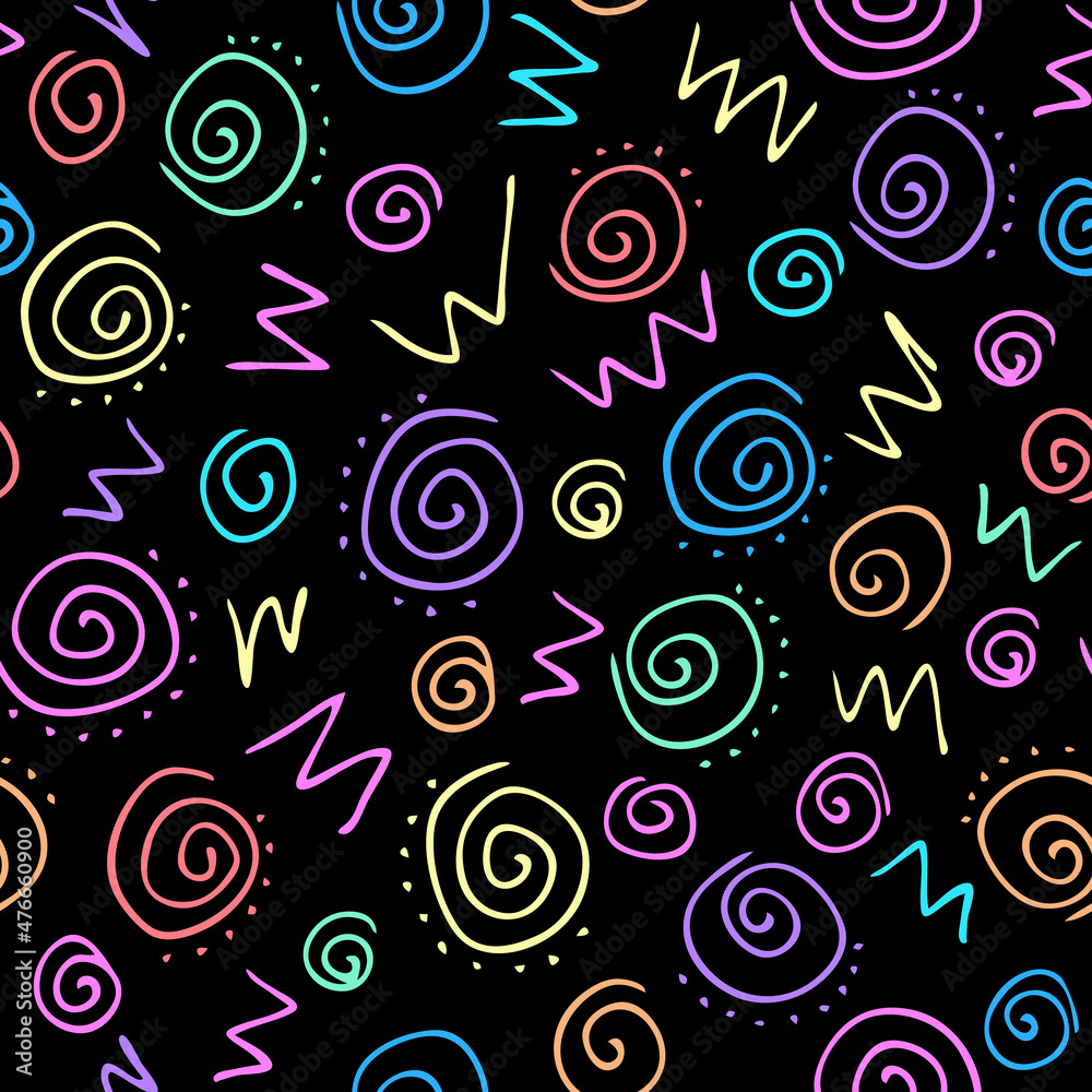 Bright abstract seamless pattern with doodle hand drawn spiral zigzag. Endless texture with neon colored element on black background. Decor, wrapping, cover, wallpaper. Vector illustration.