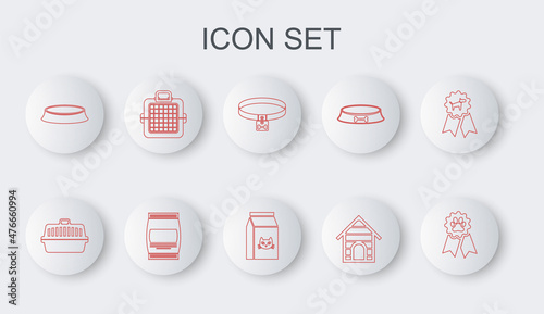 Set line Pet award symbol, carry case, Dog collar, house, food bowl, Bag of and for cat icon. Vector