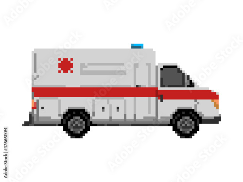 Illustration of ambulance car in pixel art style
