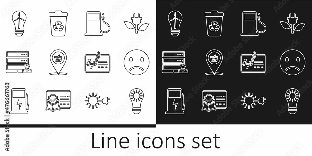 Set line Solar energy panel, Sad smile, Petrol or Gas station, Location shopping basket, Customer care server, Light bulb with wind turbine, Signed document and Recycle recycle icon. Vector Set line Solar energy panel, Sad smile, Petrol or Gas station, Location shopping basket, Customer care server, Light bulb with wind turbine, Signed document and Recycle recycle icon. Vector