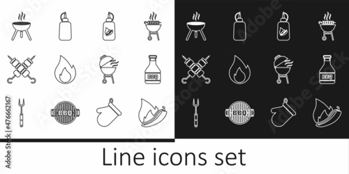 Set line Hot chili pepper pod, Ketchup bottle, Fire flame, Grilled shish kebab, Barbecue grill, and Mustard icon. Vector