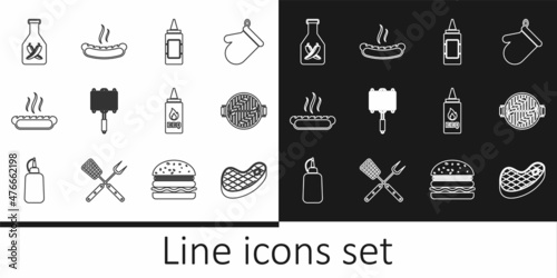 Set line Steak meat  Barbecue grill with sausage  Mustard bottle  steel grid  Hotdog sandwich  Ketchup  and icon. Vector