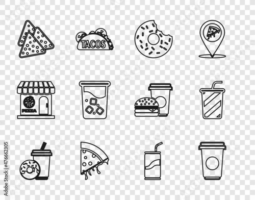Set line Soda drink with donut, Coffee cup, Donut, Slice pizza, Nachos, Glass water, can drinking straw and icon. Vector