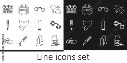 Set line Bottle with pills for potency, Sexy fluffy handcuffs, Handcuffs, Devil heart horns, Spanking paddle, shop building, Dildo vibrator and tv old television icon. Vector