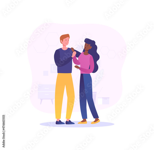 Domestic violence concept. Man beats woman. Crime against morality and ethics. Fight for rights of girls. Caring for unprotected segments of population. World problem. Cartoon flat vector illustration