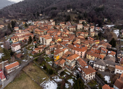 Aerial view of small Italian village Bedero Valcuvia at winter season, situated in province of Varese, Lombardy, Italy photo