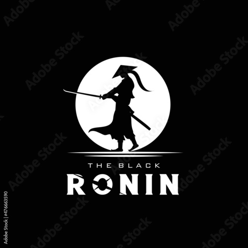 Japanese ronin silhouette with moon, swordsman wearing traditional hat, fighter community vintage logo design