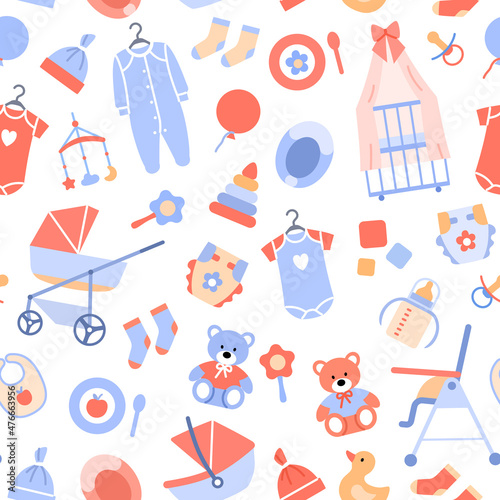 Flat baby background seamless pattern. Baby shower wrapping paper decoration. Pastel backdrop for celebration print, fabric ornament, scrapbook. Newborn textile element design vector illustration.