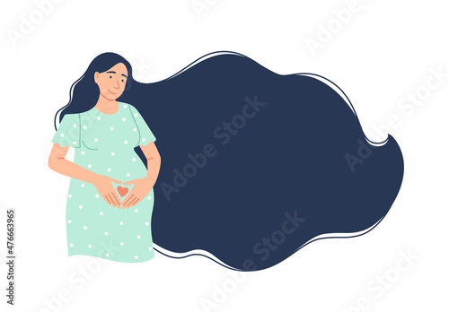 Pregnancy background or banner with text space. Flat happy smiling pregnant woman waiting for baby birth. Caucasian expectant girl with heart shape hand gesture on pregnant belly vector illustration.
